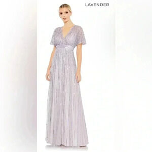 Plunging Neckline Bell Sleeve Sequin Embellished A-line Dress by Mac Duggal